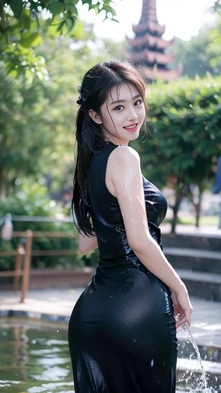 ((Best Quality, 8k, Masterpiece:1.3)), Focus: 1.2, Perfect Body Beauty: 1.4, Buttocks: 1.2, ((Long Hair)), (Wet Clothes:1.1) , (Rain, Street:1.3), Pink bandeau dress: 1.1, Highly detailed face and skin texture, Detailed eyes, Double eyelids, buttocks, Whitened skin, smile