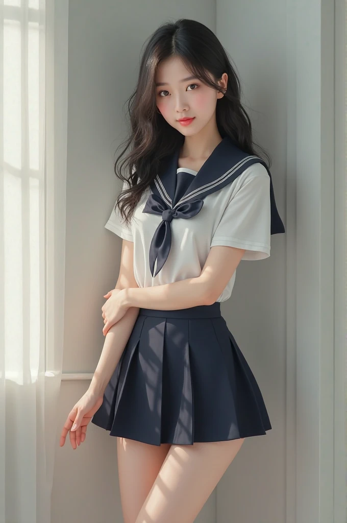 (masterpiece, highest quality:1.2), 8K, young beautiful girl, 85mm,Official AR RAW photo, baby face、clothed big breasts、show me your ears、photo shoot, cute face, thighs, After school classroom, looking at the viewer, embarrassing、smile、no makeup, film grain, chromatic aberration, sharp focus, face light, clear lighting, Ten generations, detailed face, background bokeh、((((((18 year old high school girl))))))、thin waist、sailor suit、not wearing a skirt、pubic hair、vagina/pussy
