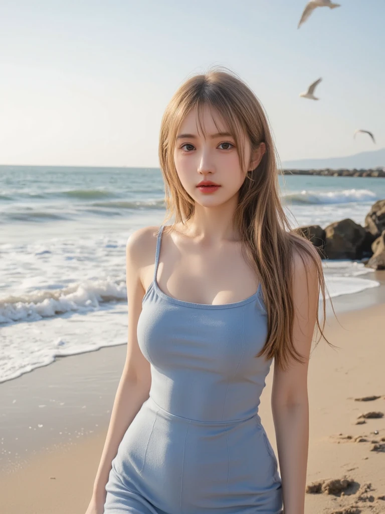 masutepiece, Best Quality, Illustration, Ultra-detailed, finely detail, hight resolution, 8K Wallpaper, Perfect dynamic composition, Beautiful detailed eyes,she is gal,Swimsuit,blond hair, Random and cute hairstyles, super big breasts, Natural Color Lip,Beach, Random and cute poses,gal makeup