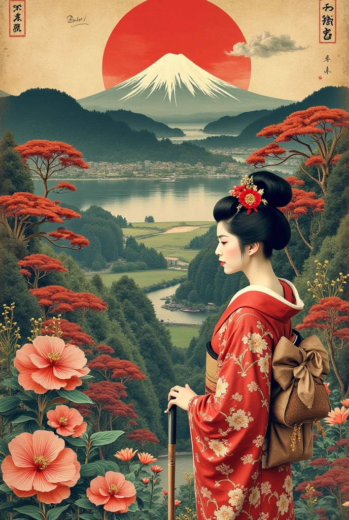 Traditional Sanju-rokunin Kashu (三十六人撰) collage art、paper marbling to depict beautiful collage of different elements of traditional Japanese scenic art, retro collage、old black and white photos, Japanese paintings, magazine clippings、VINTAGE MATERIAL、