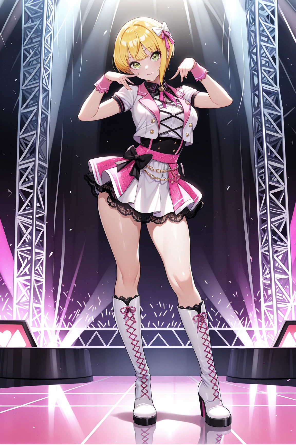 (masterpiece), best quality, expressive eyes, perfect face,1girl,marnie_\(pokemon\),(black and pink idol dress:1.4),frilled layered skirt,(big breasts),pink pearl earrings,black thighhigh heels,stage,cofetti,black hair,asymmetrical bangs ,cleavage,looking at viewer,light smile,bracelets, bangles, eyeshadows, eye liner,glistening eyes, hyper detailed eyes, intricate eyes, beautiful eye, blue eyes,standing,head tilt,full-body shot