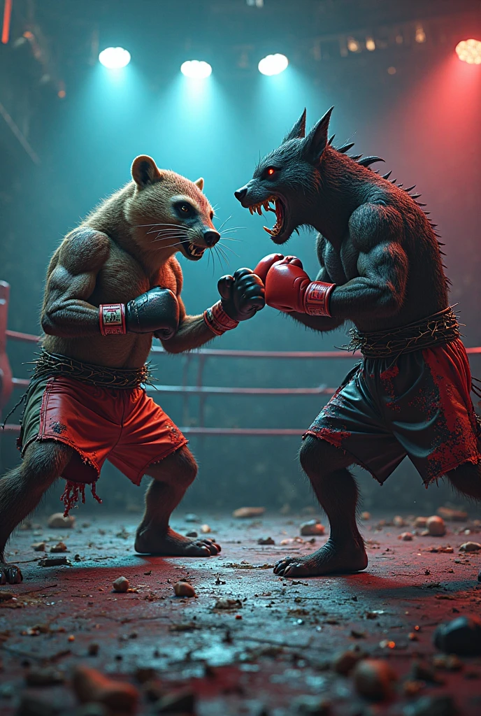 A muscular anthropomorphic wolf in a boxing stance delivers a powerful punch to a similarly muscular humanoid with a bear-like face, who is visibly injured and bleeding. Both characters are dressed in athletic shorts, and the scene is set in a boxing ring surrounded by an excited audience. Bright lights and vibrant colors enhance the dramatic atmosphere, highlighting the intensity of the fight.