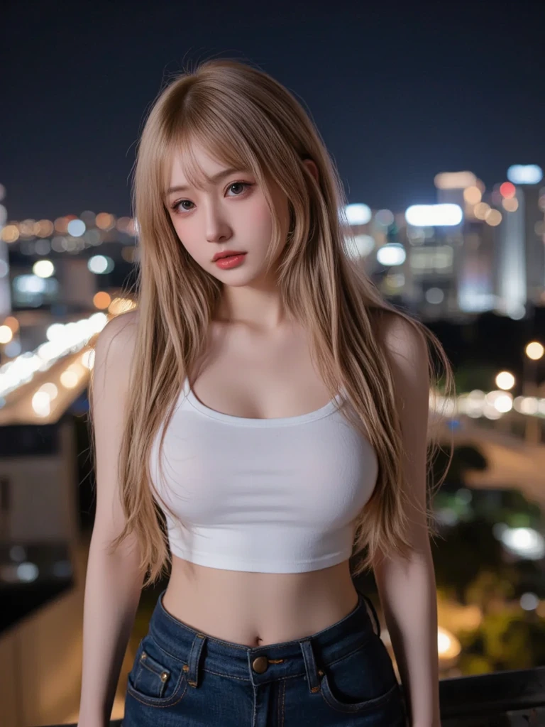 1girl, (Pink Eyes), smiling, (Sana Minatozaki), wide hips, Big Boobs, big ass, (Best Quality, 8k, Masterpiece: 1.3), Clear Focus: 1.2, Perfect Body Beauty: 1.4 , Slender Abs: 1.2, Highly detailed face and skin texture, detailed eyes, double eyelids, (blonde long hair), (white t-shirt), (black skirt), (in an matsuri at night), (food stalls), (background fireworks)