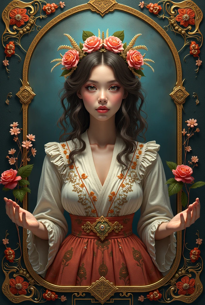 European woman face portrait, short straight hair, bon cur hair, Red hair, flower frame, Decorative panel, by Alphonse Mucha (masterpiece, of the highest quality, High resolution: 1.4), detailed, intricate details, 4k, color splash, Line art, Fibonacci, sexy maid dress, colorful dress