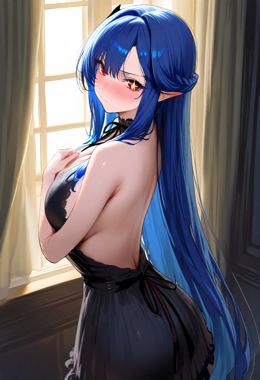 (((forehead))), (((nude))), nipple, Very detailed、highest quality、Best image quality、masterpiece、8k、Anime Face、A kind smile、Open Mouth、(black long hair:1.5)、large breast, sexy、 beautiful body 、Cowboy Shot, Sexual Intercourse, ((blue eyes)), hotel bedroom, (((skirt))),