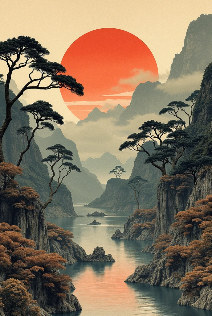 A multi-layered landscape collage with reference to the traditional Sanju-rokunin Kashu (三十六人撰) collage art、paper marbling to depict beautiful collage of different elements of traditional Japanese scenic art, retro collage、old black and white photos, Japanese paintings, magazine clippings、VINTAGE MATERIAL、the scene should be devoid of humans.