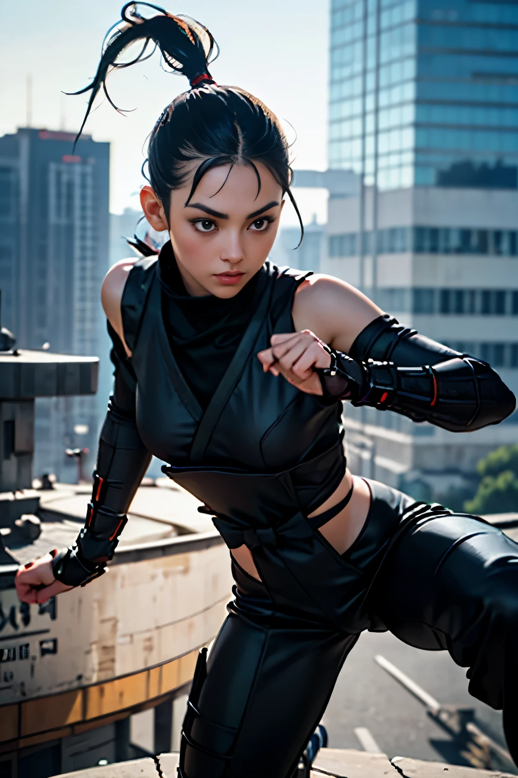 (Surrealism, retina, masterpiece, accurate, anatomically correct, super detail, best quality, 8k, extremely precise in every detail, beautiful detailed glow, beautiful attention to detail, beautiful detailed eyes:1.3), a girl, 18-years-old, slender, (wearing decorated glossy black Ninja-suit:1.2), on the Rooftop of a building, (Combat Stance , fighter pose:1.2), Kunoichi, Female Ninja, ((anatomically correct fingers, anatomically correct hands)), day time