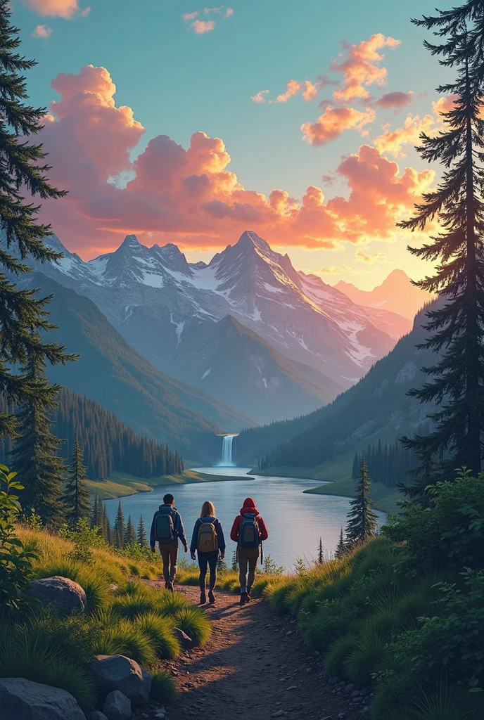 A realistic digital painting showing three hikers walking along a forest hill  . The background features a realistic sky transitioning from deep turquoise to warm magenta and soft gold, with the some red hues slightly muted. grass-capped green hill , hills should some green vibes, two big  waterfall cascades into a calm lake, and the landscape is framed with minimal greenery and prominent foreground trees, right and left side from frame should use tree. The scene conveys peaceful adventure and natural beauty under a colorful dark sky. 