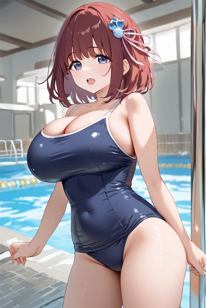 woman, school swimwear, Straddle him and touch the exposed pipe with his crotch.., spread your legs, raise your legs, masturbation, ecstasy, at the factory, mechanical, sealed, huge breasts, focus on thighs、Smile, spread legs, plump body
