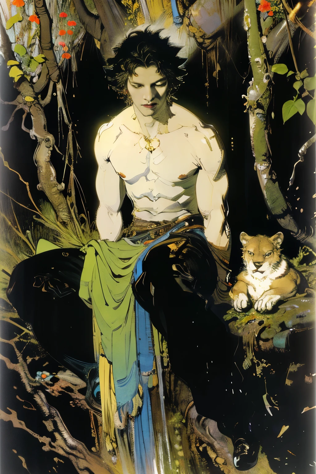 an androgynous male bare chested glowing body and black hair is sitting resting elegantly in a small ravine in a rainforest, there are exotic flowers around him, exotic birds and small beasts, golden hour, staring at the viewer with mysterious eyes, yoshitaka amano, baby lions, brown wolf, lush green rain forest, red flowers