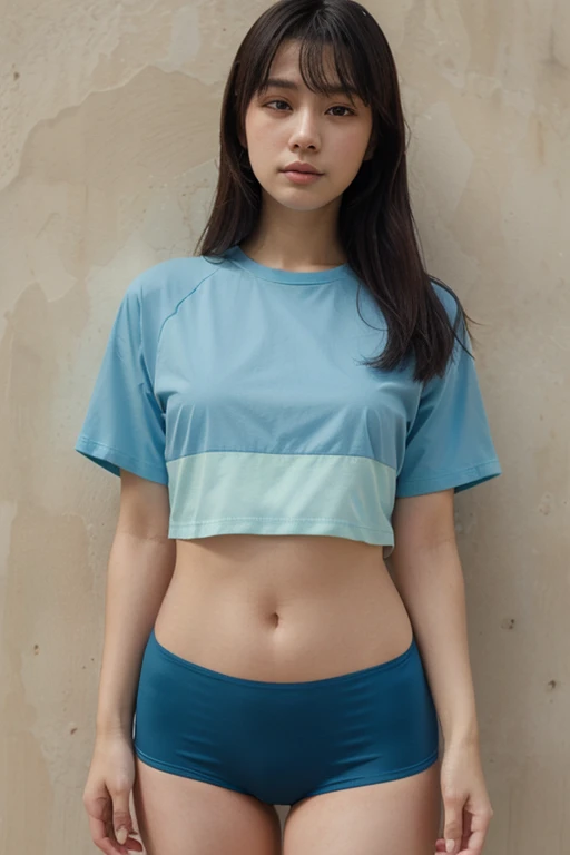 A 20-year-old Hmong woman wearing a blue tank top. Wear a short white skirt with Hmong embroidery and wear bracelets.