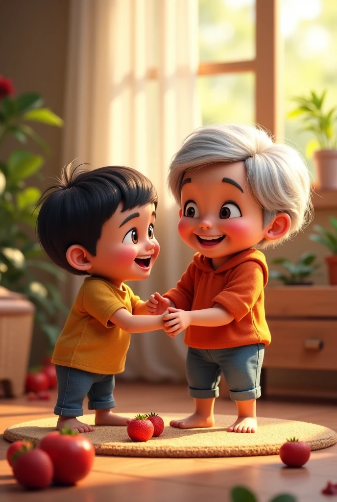 a young boy help grandmother. A detailed scene featuring a young boy. The boy has short, slightly messy dark brown hair and large, expressive eyes with a thoughtful yet determined expression. He wears slightly wrinkled t-shirt, black knee-length shorts, and brown sneakers. On his wrist is a simple watch. A detailed scene featuring a grandmother, white shoes.