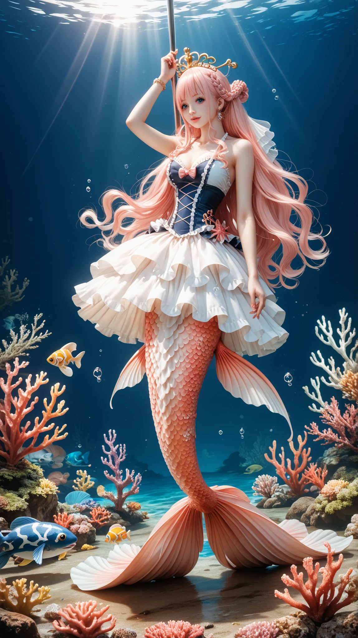 A hyper-realistic, full-body depiction of Shirahoshi, the colossal mermaid princess from One Piece, gracefully poised in the foreground of an enchanting underwater realm. Her flowing pink hair cascades around her, adorned with intricate pearl and coral ornaments that shimmer with the ambient ocean light. Her translucent, iridescent tail exhibits subtle bioluminescent patterns, casting a gentle glow on the surrounding coral formations. Her large, expressive eyes convey a blend of innocence and regal authority. Behind her, a squad of formidable merman bodyguards stands in disciplined formation, each exhibiting unique features reminiscent of various marine species, clad in intricately designed armor that reflects their noble status. The environment teems with vibrant marine life: schools of fish weaving through expansive coral structures, and beams of sunlight penetrating the water's surface, creating a mesmerizing dance of light and shadow. Tiny bubbles ascend, and suspended particles catch the light, enhancing the immersive realism of the scene. Emulate the use of a Hasselblad H6D-100c medium format camera with a 100mm f/2.2 lens, capturing the scene with exceptional detail and dynamic range. Utilize natural, diffused lighting filtered through the water to accentuate textures and create depth. Compose the image with a low-angle perspective to emphasize Shirahoshi's towering stature, applying the rule of thirds to balance the composition harmoniously. --ar 16:9 --v 6 --style raw --stylize 250 --quality 2