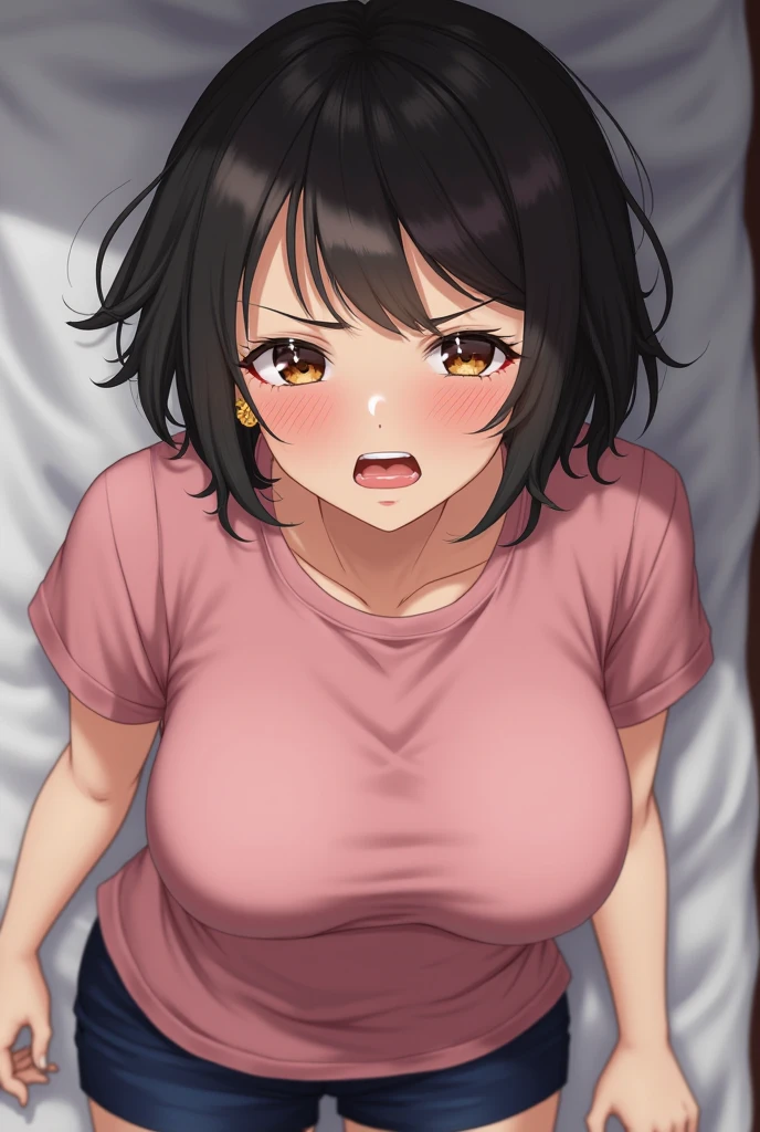 best quality, masterpiece, 1girl, (solo:1.1), raytracing, ultra detailed,detailed face, 8k wallpaper, wide hips, <lora:more_details:0.5>, FuukoIzumoNDV, 1girl, black hair, brown eyes, large breasts, short hair, vra, panties,<lora:FuukoIzumoNDV:0.7>, (confused:1.3), open mouth, kneeling, blush, top view, bed, indoor