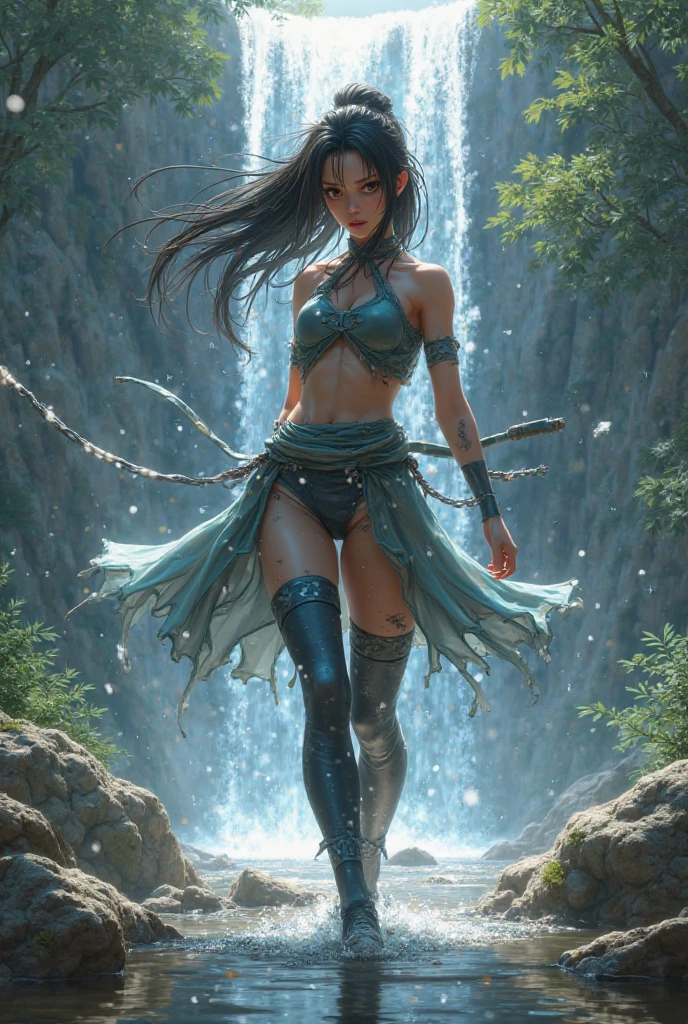 (Top Quality, 8K, High Resolution, masterpiece:1.2), ultra-detailed, realistic, physically based rendering, HDR, colorful lighting, A girl squatting in a stream and splashing water on herself, full body, from below, splash, fractal art, wet body, summer