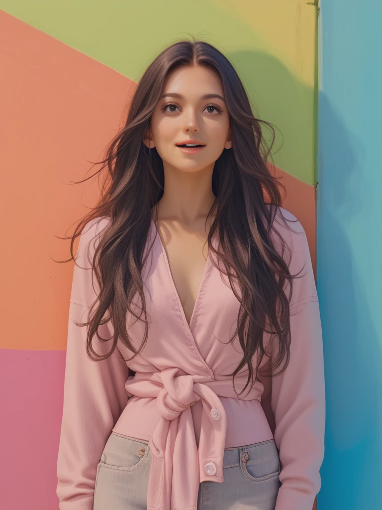 wavy long hair, brown hair, 1girl, emerald eyes, waving with two fingers, pink lips, pastel green dress,