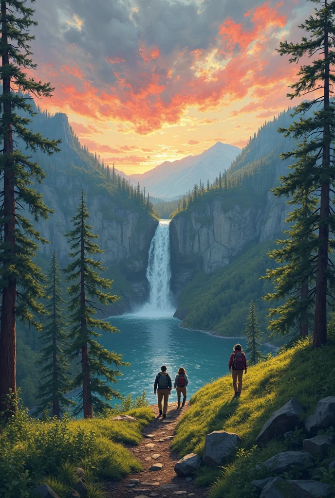 A realistic digital painting showing three hikers walking along a forest hill  . The background features a realistic sky transitioning from deep  to warm  and soft gold, with some red hues slightly muted. grass-capped green hills, hills should some green vibes, two big waterfall cascades into a calm lake, and the landscape is framed with minimal greenery and no prominent foreground trees, right and left side from frame should use tree. The scene conveys peaceful adventure and natural beauty under a colorful dark sky.