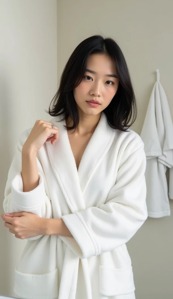 products makeup for  girls  girls with white bathrobe hyperrealistic




