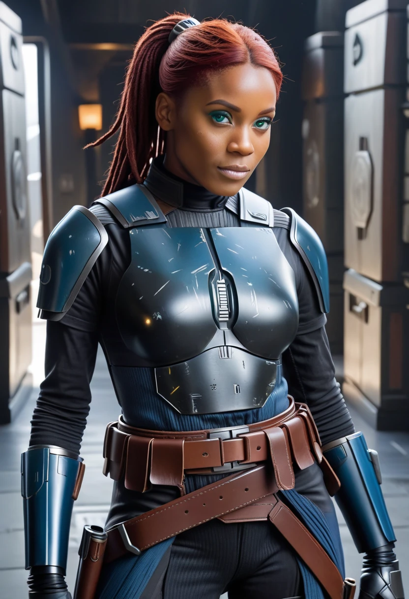 score_9, score_8_up, score_7_up, high quality, masterpiece, BoKatan, (dark-skinned) BoKatan, dreadlocks, ponytail
black outfit, armor Bo-Katan, green eyes, bodysuit, Bo-Katan leg armor, gloves, belt, bracers, holsters, boots, Bo-Katan shoulder armor, short hair, red hair, hair ornament,