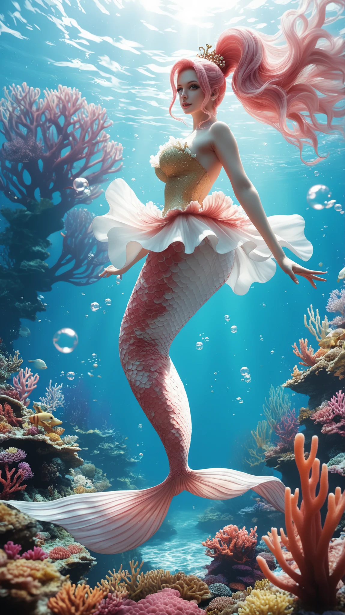 Rainbow mermaid,fantastical creature (mermaid:1.1),underwater scenery,Deep in the ocean,Beautiful detailed eyes,cute face,beautiful detailed lips,Sparkling scales,Flowing colorful hair,Fine fish tail,Magical underwater lighting,calm and serene atmosphere,Peaceful underwater kingdom,Fantastic environment,Floating seaweed and coral,Fascinating marine life,Vivid and bright colors,Natural sunlight filtered through water,Rainbow-colored jellyfish dance around,Playful and gentle sea creatures,Ethereal and captivating presence,Mysterious and mysterious aura.