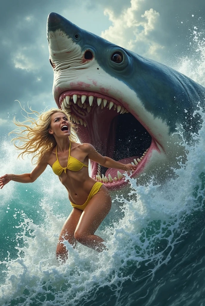 A blonde woman in a light-colored bikini is perched on a small rock in the midst of a turbulent ocean. A large great white shark emerges from the water, its mouth open wide, revealing sharp teeth, about to strike. The scene is tense, with violent waves crashing against the rock, a cloudy sky above, and an atmosphere filled with imminent danger. The woman's expression is one of sheer terror as she struggles to balance on the rock, surrounded by the vastness of the dark sea. The image style is hyper-realistic, with extreme attention to detail, such as the water splashes and the texture of the shark's skin and the rock."