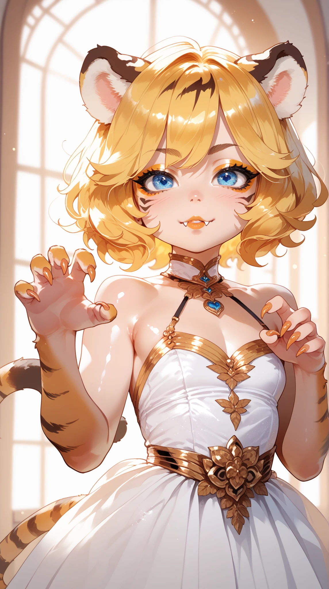 girl, whole body, short hair, Blonde, small, yellow, smile,Circus広場, Lion, Red and navy blue costume,High leg costume,Circus,Beast Charmer,