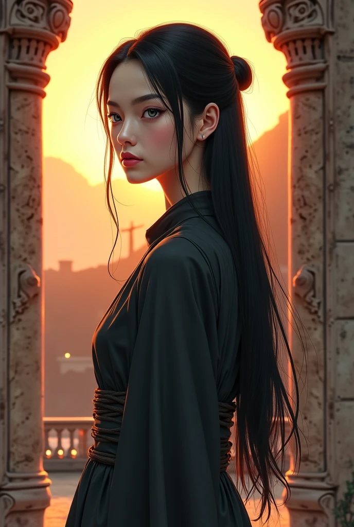 Female character wearing the monastery uniform.Her hair is not so dark black, long and straight, with light gray eyes and pale skin The background is the monastery at sunset