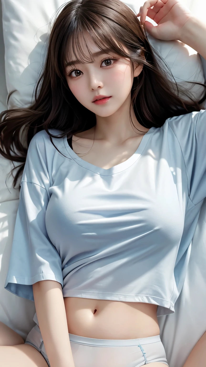 Innocent 20 year old girl、((Wearing an oversized T-shirt,Dramatic poses)),Smile,short-cut,Bed background,Beach background、Raw photo, (8K、top-quality、masterpiece:1.2)、(intricate detailes:1.4)、(Photorealsitic:1.4)、octane renderings、Complex 3D rendering ultra detail, Studio Soft Light, Rim Lights, vibrant detail, super detailing, realistic skin textures, Detail Face, Beautiful detail eyes, Very detailed CG Unity 16k wallpaper, make - up, (detailedbackground:1.2), shinny skin, Full body、From head to thigh、cleavage of the breast,((Sleep facing up、Angle looking down from above)),KPOP Idol Face,The right state of the human being,Cute