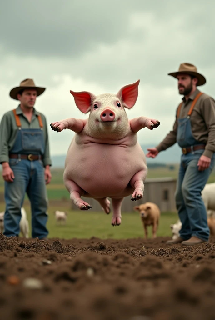 an obese donald trump dressed in overalls without a shirt sitting in a pig sty surrounded by several pigs