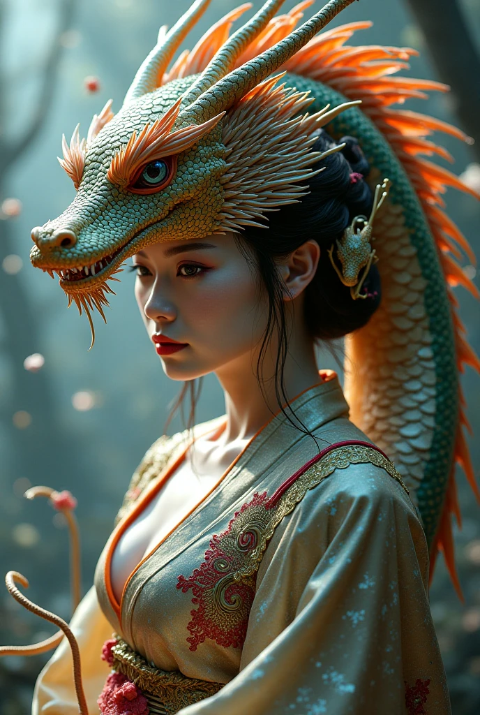 Face up　A beautiful Chinese-style dragon with a small, ugly, strangely colored dragon peeking through the hair on her head　I can see my breasts in a sexy kimono　I&#39;m reading tarot