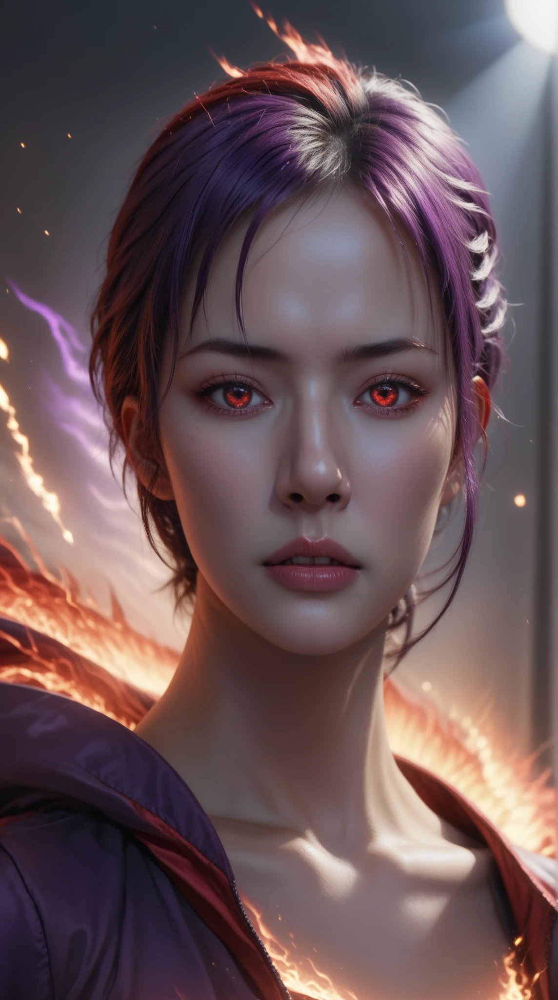 Sung Jin-Woo and Beru from Solo Leveling facing each other, ultra realistic 8K, intense dramatic stare-down, background split into purple (left side) and red (right side), each radiating their aura, Sung Jin-Woo with glowing white eyes and purple aura, Beru with red aura and glowing red eyes, high contrast lighting, ultra sharp details, cinematic shadow, epic moment before battle, sparks in the air, hyper-realistic anime style, volumetric lighting, (masterpiece), (high quality), (high detail), HDR
