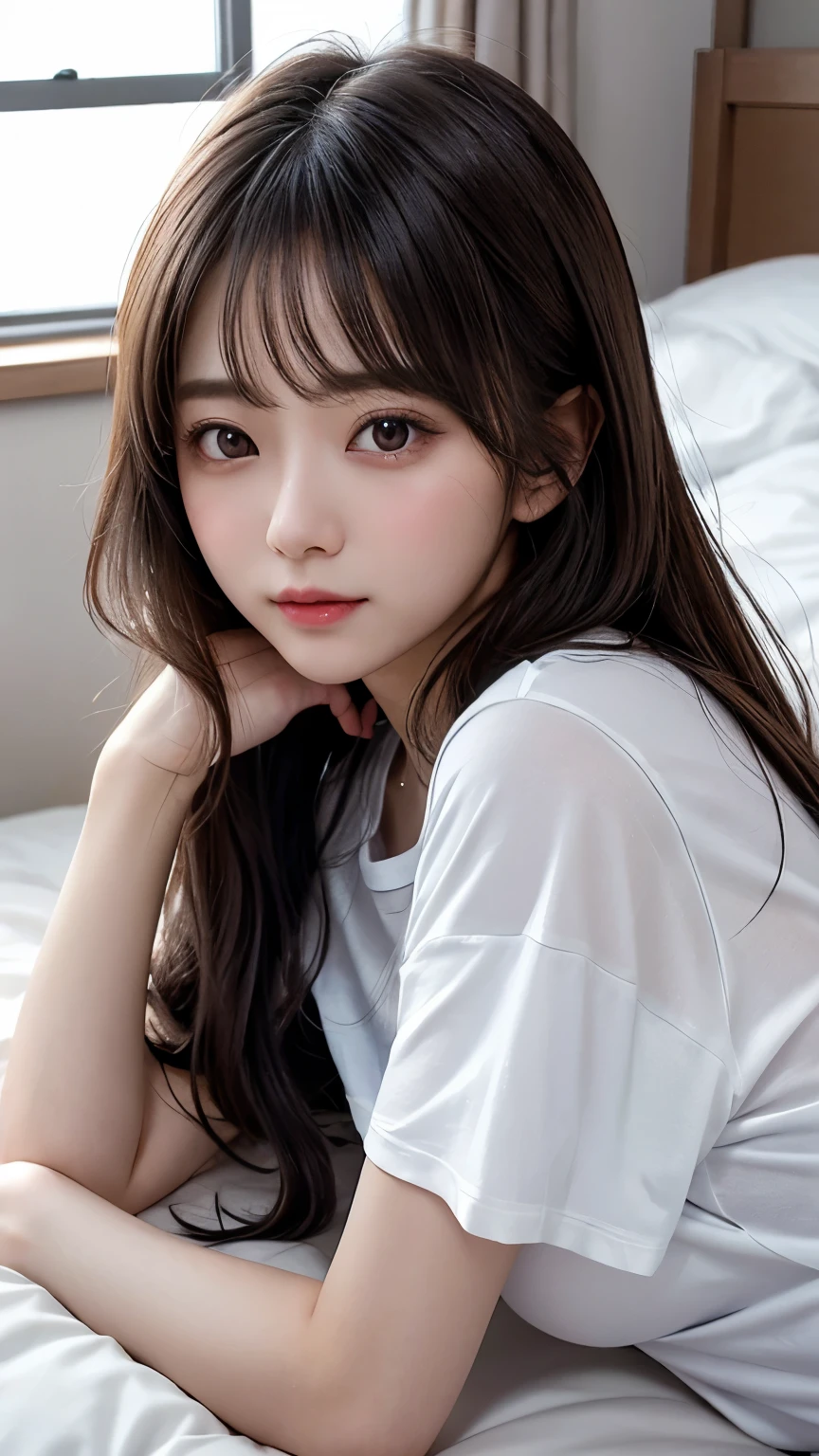 masutepiece, Best Quality, Illustration, Ultra-detailed, finely detail, hight resolution, 8K Wallpaper, Perfect dynamic composition, Beautiful detailed eyes , Dark indoor, Sexy face,Sexually aroused face、medium-full shot、Lying down in bed