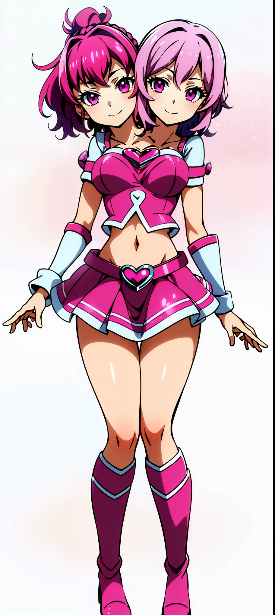 (masterpiece) , (ultra-detailed) , (high quality) , (high resolution) , (best quality:1 . 5 , highres , UHD) , highres , absurdo , ultra detail , ultra quality , Ultra resolution , 16k , (2heads:1 . 5) 1girl , ((magenta pink hair)) , purple eyes , hair ornaments , red armor chest piece , same hair color , age girl , ((magenta pink magical girl)) , magical girl , gentle smile , high school background , high ponytail , exposed midriff , skirt , full body , boots anime girl in red uniform posing with her hands on her hips , attractive azure lane style , magical girl anime