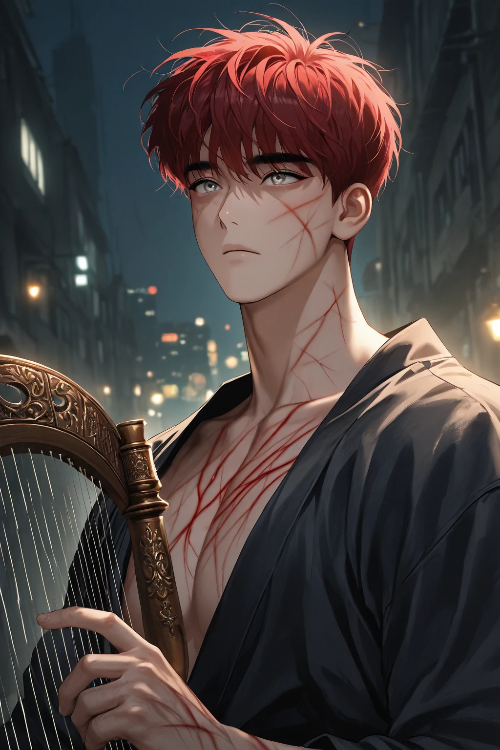 Young boy with handsome face, short red hair, Japanese haircut, gray eyes, long eyelashes, black collar, Japanese boy outfit, behind broken glass, red liquid, sad expression, ultra-detailed, in shadow, scar, alone, demon shadow looming on wall, dark, horne, blood.