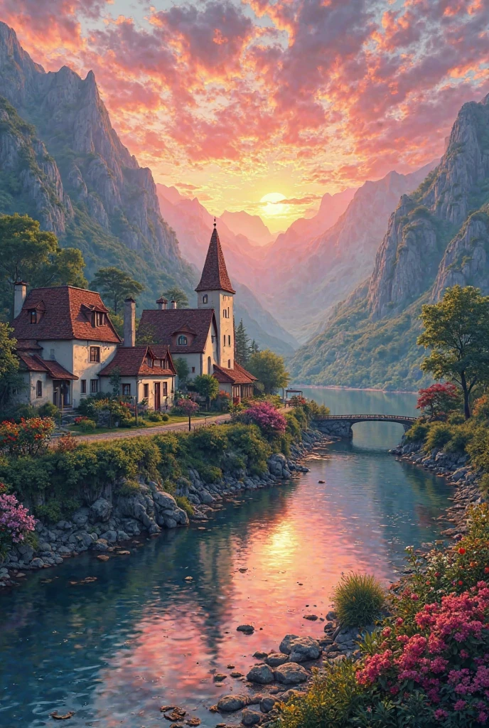 a small village by the river, mountains in the background, floral flowers colorful, detailed landscape, Beautiful natural landscapes, atmospheric lighting, scorching sunset, warm colours, practical, photopractical, Detailed Foliage, complex buildings, cobblestone street, Charming country house, swirly vibrant colors, lush vegetation, Still water reflections, Picturesque, idyllic, work of art, best qualityer, 8k, extremely detaild,anime styling