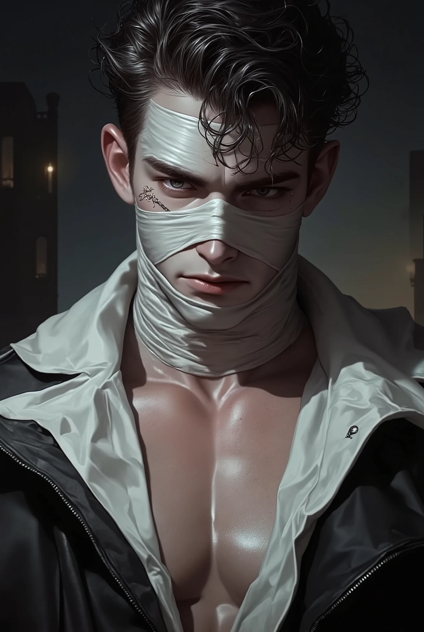 Photorealistic, ((best quality)), ((masterpiece)), (detailed), horror masculine portrait of young model dressed up as a mummy, 18-year-old male model, handsome, tall, cute looking, evil look, dark look, powerful, young male, handsome model, clean shave, blue eyes. short curly messy brown hair, messy curly hair, pale skin, white pale skin, super strong, muscular, fit, massive muscles, six pack, hairless chest, shirtless, pantless, shirtless, barechested, chest exposed, upper-body exposed, muscle, ripped, strong body, fit body, barelegged, barefoot, antique mummy bandages, mummy costume, egyptian ruins, (Sarcophagus:1.4), 8k, high detailed, ultra-detailed, Stylish Pose, real skin texture, dark cinematic lighting, night, dark night,