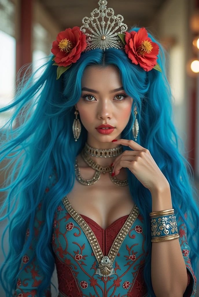 (Best Quality, 4K, 8K, High Definition, Masterpiece:1.2), (Ultra Detailed, Realistic, Photorealistic:1.37), a beautiful young woman with delicate facial features, flower crown, long elegant blue hair, ornate jeweled headpiece, red silk dress, sitting in a lush garden, surrounded by colorful flowers, intricate background details, cinematic lighting, delicate brushstrokes, oil painting, highly detailed, dramatic, romantic, soft color palette, dreamlike atmosphere 