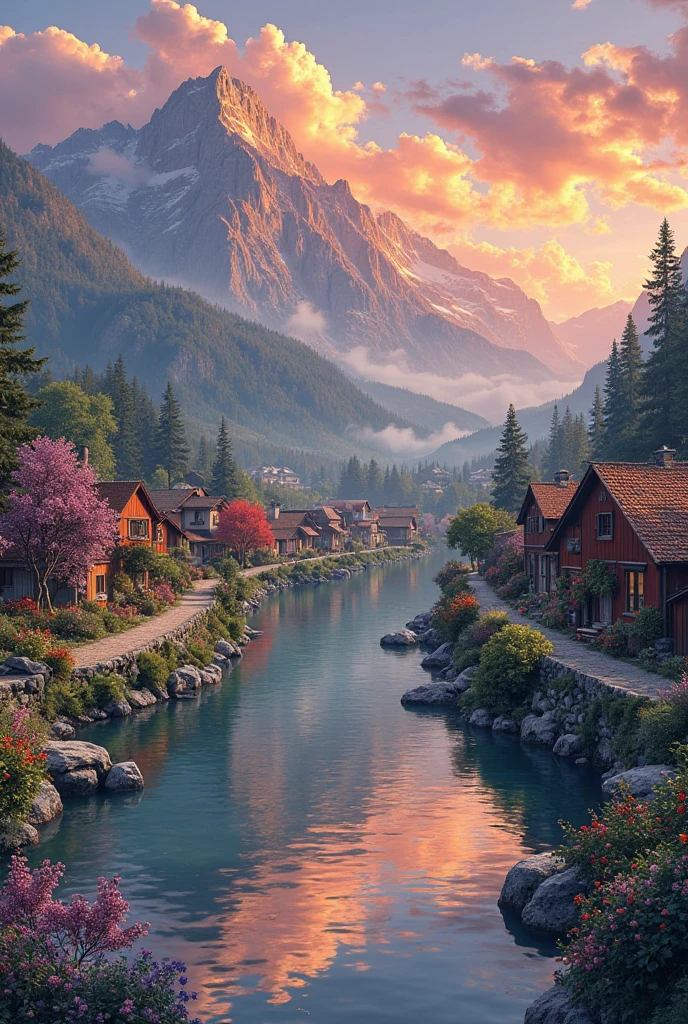 A small village by the river, color of the mountain in the background, colorful flower flowers, detailed landscape, beautiful natural scenery, atmospheric lighting, scorching sunset, warm colors, Practical, фотоPractical, detailed foliage, complex buildings, paved street, charming country house, swirl bright colors, lush vegetation, reflections on water, picturesque, idyllic, artwork, the best quality, 8k, very detailed,  anime stylization 