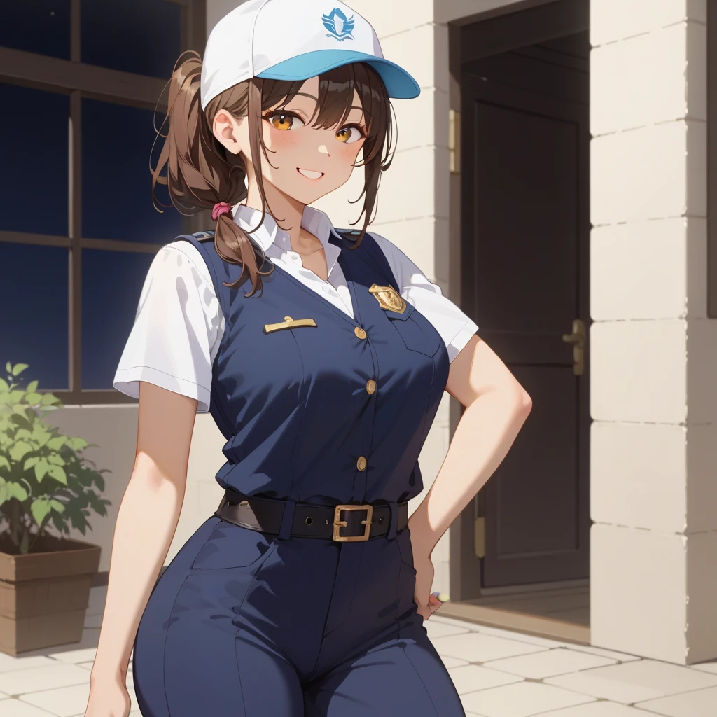 brown hair, twintails, letter, envelope, large breasts, blue collared shirt, jeans, belt, patio, box, package, hat, messenger bag, mailman, <lora:Mgear-10:0.6>, <lora:mailman-10:0.6>,