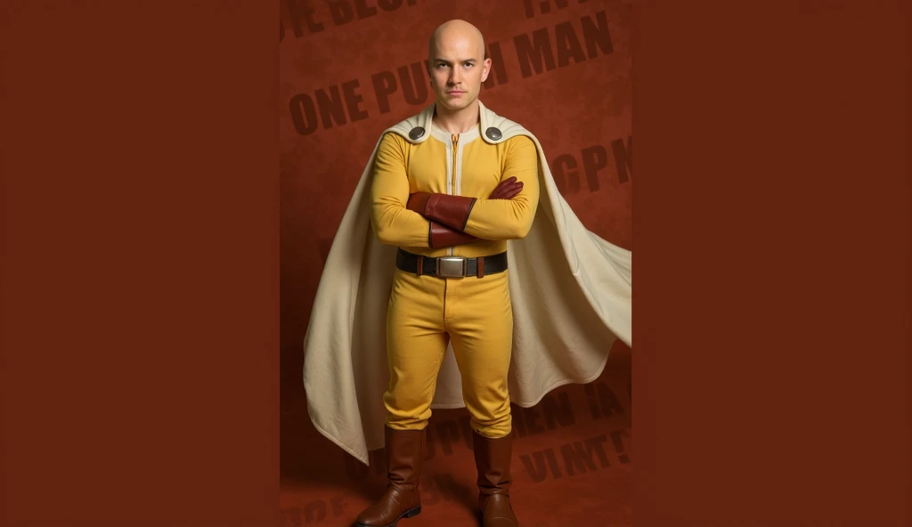 Saitama sitting on the toilet, wearing a yellow superhero outfit, white cape, black belt, red gloves and boots, looking directly at the camera, close-up image, realistic, HD, 8k