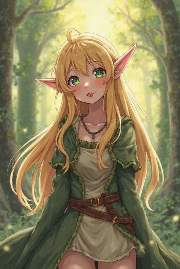 masterpiece, best quality, anime style, beautiful shy elf girl, long blonde hair, green eyes, fantasy outfit, sticking out tongue, eyes looking up, slightly blushing, inspired by Shera L. Greenwood, soft lighting, glowing forest background, delicate pose

Negative prompt: lowres, bad , deformed, extra limbs, watermark, blurry