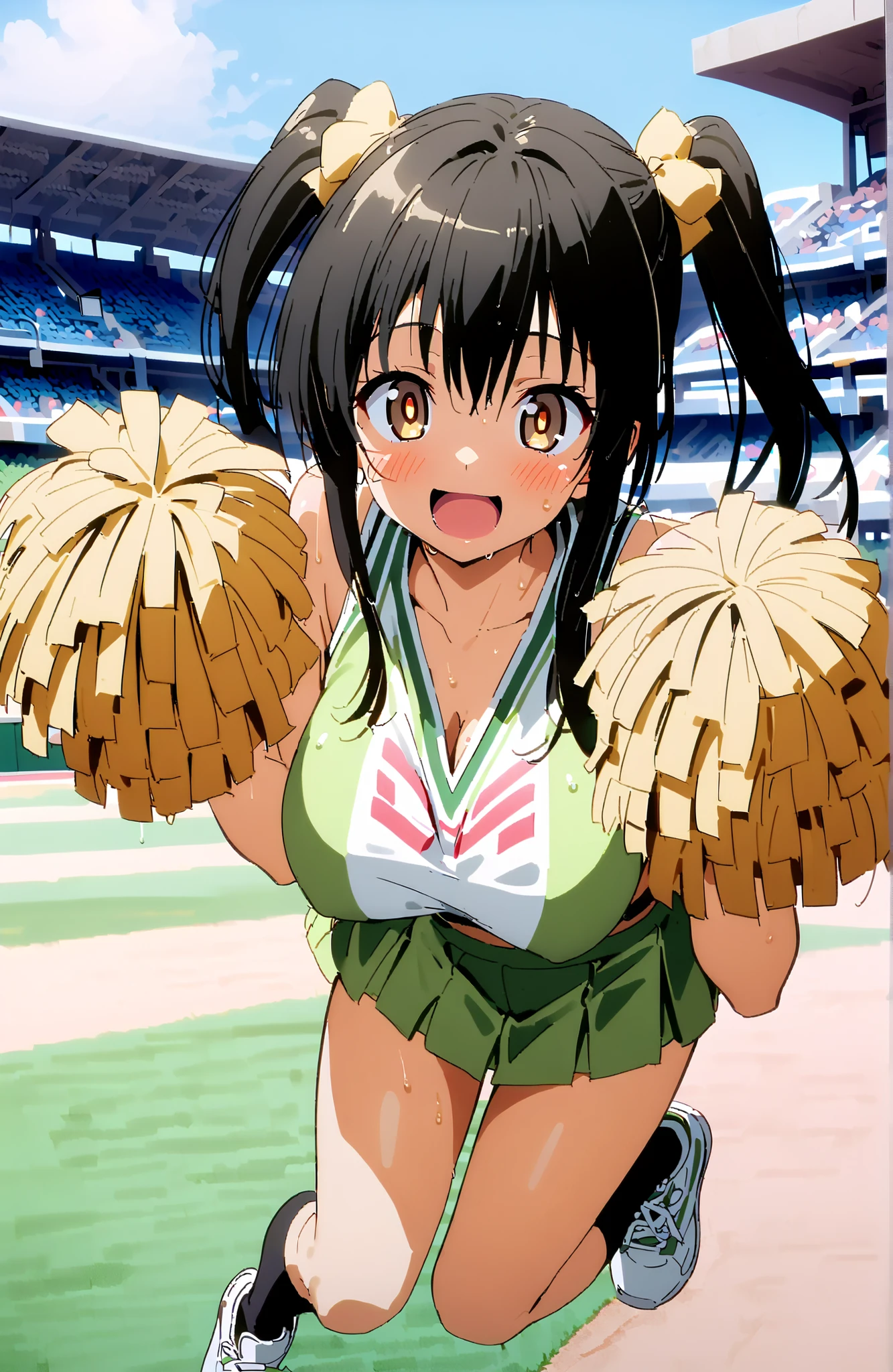 yuikotegawa, Yui Kotegawa , black hair, brown eyes in the oral vagina, long hair,smile,blush,open your mouth,Big Breasts,breasts are shaking,(Cheerleading), (full body), on chest, (sweated), sweated Wet Clothes, (green clothes),sleeveless, pleated skirt,black socks,sneakers, after aw, playground, (jump), (jump), 両足を曲げてjumpする, blue sky, Compa, smile,cheerleader, Pom-pom \(Cheerleading\) real hair ornaments,full bodyがイラストに入るように,break looking at viewer,full body
break outdoors, stadium,,
break (masterpiece:1.2), best quality in bronze, high resolution, Unity 8Kの壁紙, ( illustration :0.8), (beautiful detailed eyes:1.6), highly detailed face, perfect lighting, highly detailed CG, (perfect hand, perfect anatomy),