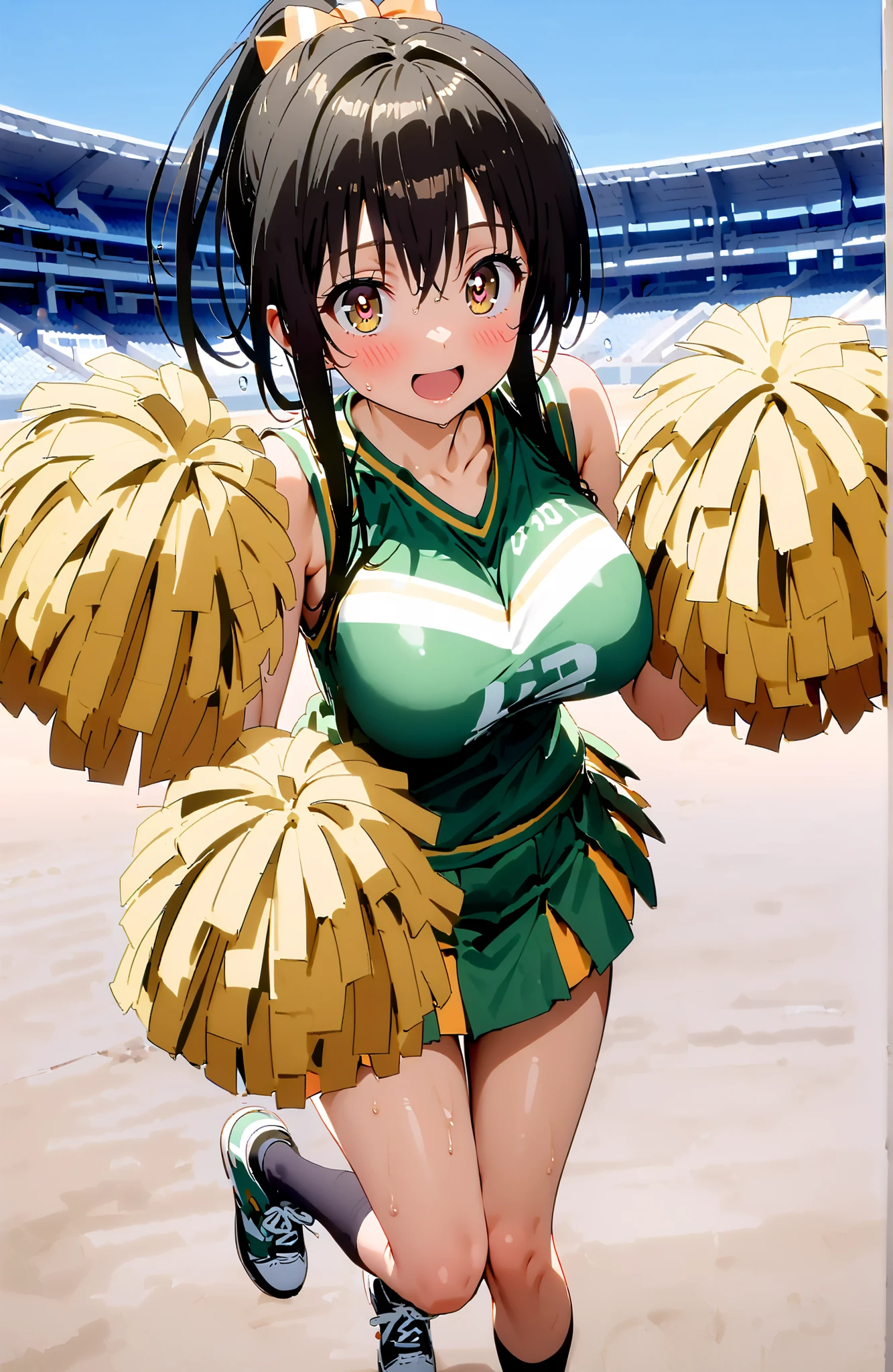 yuikotegawa, Yui Kotegawa , black hair, brown eyes in the oral vagina, long hair,smile,blush,open your mouth,Big Breasts,breasts are shaking,(Cheerleading), (full body), on chest, (sweated), sweated Wet Clothes, (green clothes),sleeveless, pleated skirt,black socks,sneakers, after aw, playground, (jump), (jump), 両足を曲げてjumpする, blue sky, Compa, smile,cheerleader, Pom-pom \(Cheerleading\) real hair ornaments,full bodyがイラストに入るように,break looking at viewer,full body
break outdoors, stadium,,
break (masterpiece:1.2), best quality in bronze, high resolution, Unity 8Kの壁紙, ( illustration :0.8), (beautiful detailed eyes:1.6), highly detailed face, perfect lighting, highly detailed CG, (perfect hand, perfect anatomy),