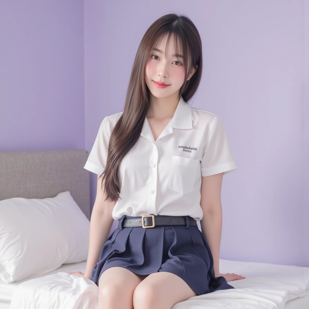 Highest image quality、realistically、Shining beautiful skin、1 woman、Early 20s、bed、Gravure idol、school uniform、skirt、Black pantyhose、white shorts、slender、smile at the camera、