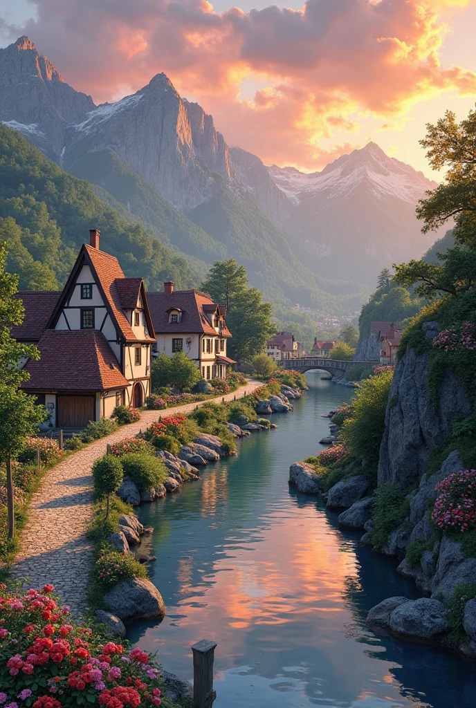A small village by the river, mountains in the background, colorful flowers, detailed landscape style, beautiful natural scenery, atmospheric lighting,  scorching sunset ,  warm colors, practical, photographic, detailed foliage, complex buildings , cobblestone street, charming country house, vibrant colors, lush vegetation, reflections in the water, pitoresco, idyllic, work of art, Best Quality, 8k, extremely detailed, anime style