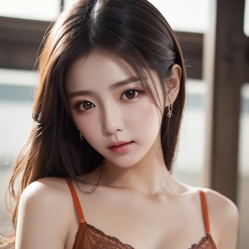 in bathroom,Wet pubic hair,Charming eyes,Heartwarming action,Turn your face away from the camera,stooped,Bend over,turn back,Look up at your head,transparent silk pajamas ,thick long hair,Highly detailed body,Highly detailed face,best qualtiy,(Pink bra),(Off-shoulder open-front translucent blouse),