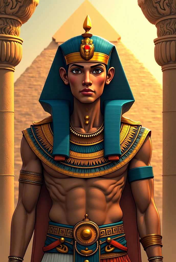Young man with short blond hair, blue colored eyes, slight smile on your face, two blue marks around the eyes, wearing no shirt, wide blue pants with some details and similar to Arab pants, two gold bracelets with sapphires on the wrists, golden crown with sapphires and similar to a tiara on the forehead, gold necklace with sapphires, standing with arms crossed, a triangle made of crystal clear water floating around the head, arab city in the desert, 独奏, Masterpiece artwork, precise, High details, 3D rendering, conceptual artwork, cinematic lighting, macro photography, 真实感,