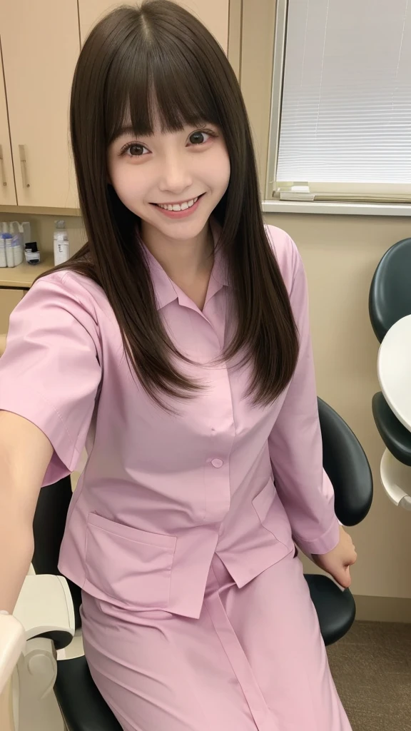 Hospital room, nurse, ((full body)), ((photo)), ((best qualtiy, 8K, tmasterpiece: 1.3)), Focus: 1.2, perfect figure beautiful girl: 1.4, 1girl, cowboy shot, look at viewer, eyes facing the camera, incredibly absurd, beautiful and cute girl with a photorealistic face, showcasing top-quality craftsmanship, Japanese woman taking care of patients in a hospital room, 23 years old, long hair parted in the middle, long layered bangs, silky hair quality, thick and voluminous style, beautiful features, amber eyes, long eyelashes, thin eyebrows, beautiful bridge of the nose, small nose, plump and elegant pink lips, fair skin, high cheekbones, cute smile, clean jawline, beautiful nape, long neck, 163cm height, long limbs, delicate, slender, well-balanced proportions, beautiful C-cup breasts, pink blouse and pink pants nurse uniform, nurse shoes, gold ring and necklace, beautiful, neat, refined, elegant, soothing, pretty older sister, long legs, kind, strong-willed, passionate, proactive, hardworking, gains the trust of those around her, October