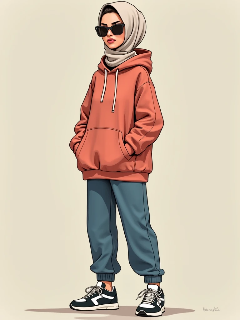 Drawing drawing of a tall age girl with beige hijab on beautiful young girl, supermodel face of girl, as if she is in a classical Disney cartoon, toon face, realistic anatomy, beige baggy sweatshirt, brown oversized baggy cargo pants