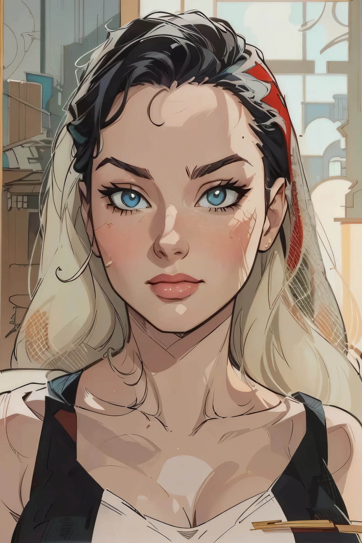 a close up of a woman with long hair wearing a white top, rossdraws 1. 0, realistic artstyle, rossdraws portrait, realistic anime artstyle, artwork in the style of guweiz, realistic anime 3 d style, realistic anime art style, realistic cute girl painting, realistic art style, stunning anime face portrait, kawaii realistic portrait